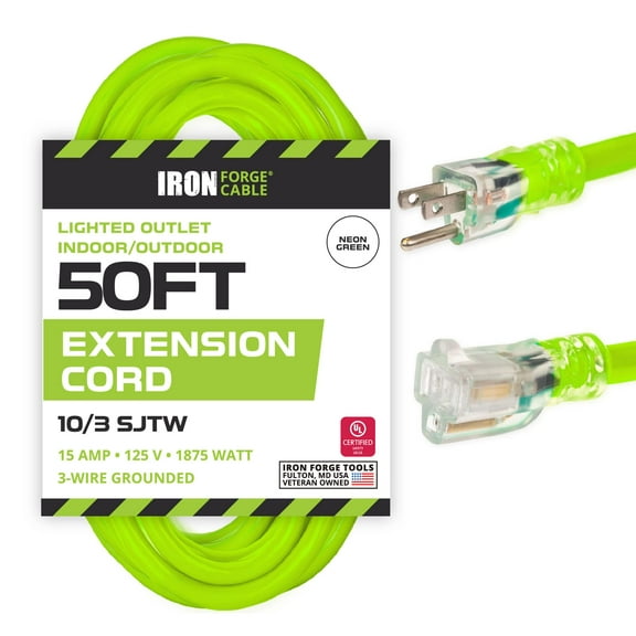 Iron Forge Cable 10 Gauge Extension Cord 50 ft, 10/3 Heavy Duty Extension Cord 50 Foot 3 Prong Lighted End, SJTW Light Green Outdoor Power Cable for Major Appliances, 15 AMP - US Veteran Owned