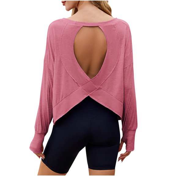 Admvng Womens Tops Open Back Yoga Long Sleeve Cross Wrap Workout Gym Shirts with Thumb Holes