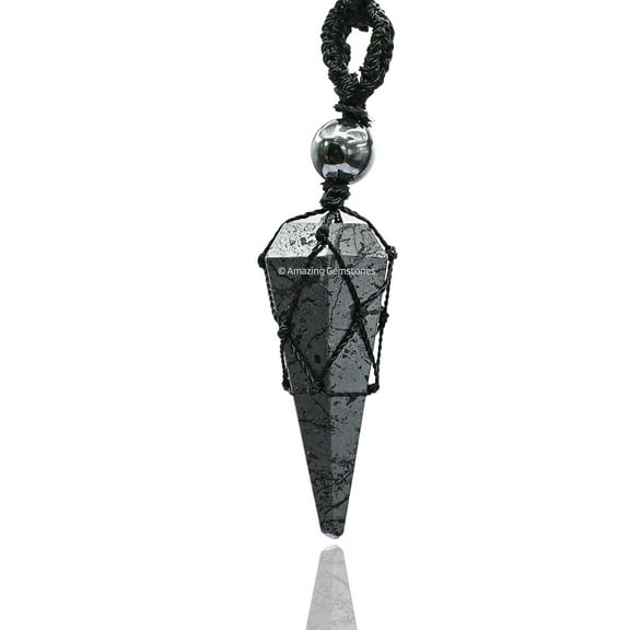 Hematite Crystal Stone Holder Necklace Pendulum, Unique Women Men Necklace (Black Macrame)
