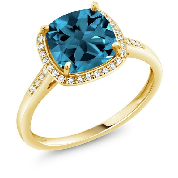Gem Stone King 10K Yellow Gold London Blue Topaz and White Diamond Women's Engagement Ring (3.05 Cttw, Cushion 8MM, Size 5)