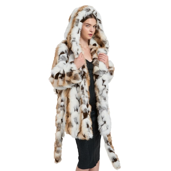 DEBIMY Women Unique Hooded Faux Fur Coat Shawl Collar Coat with Detachable Belt Warm Outercoat for Vacation Party Christmas Beige 3XL