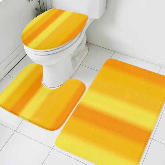 Orange Yellow Gradient Bathroom Rugs Set Minimalist Art Ombre Striped Texture Non Slip Absorbent Soft Bath Mats 3 Piece Set with Bathroom Rug, U-Shaped Floor Mat, Toilet Seat Cover Small Size