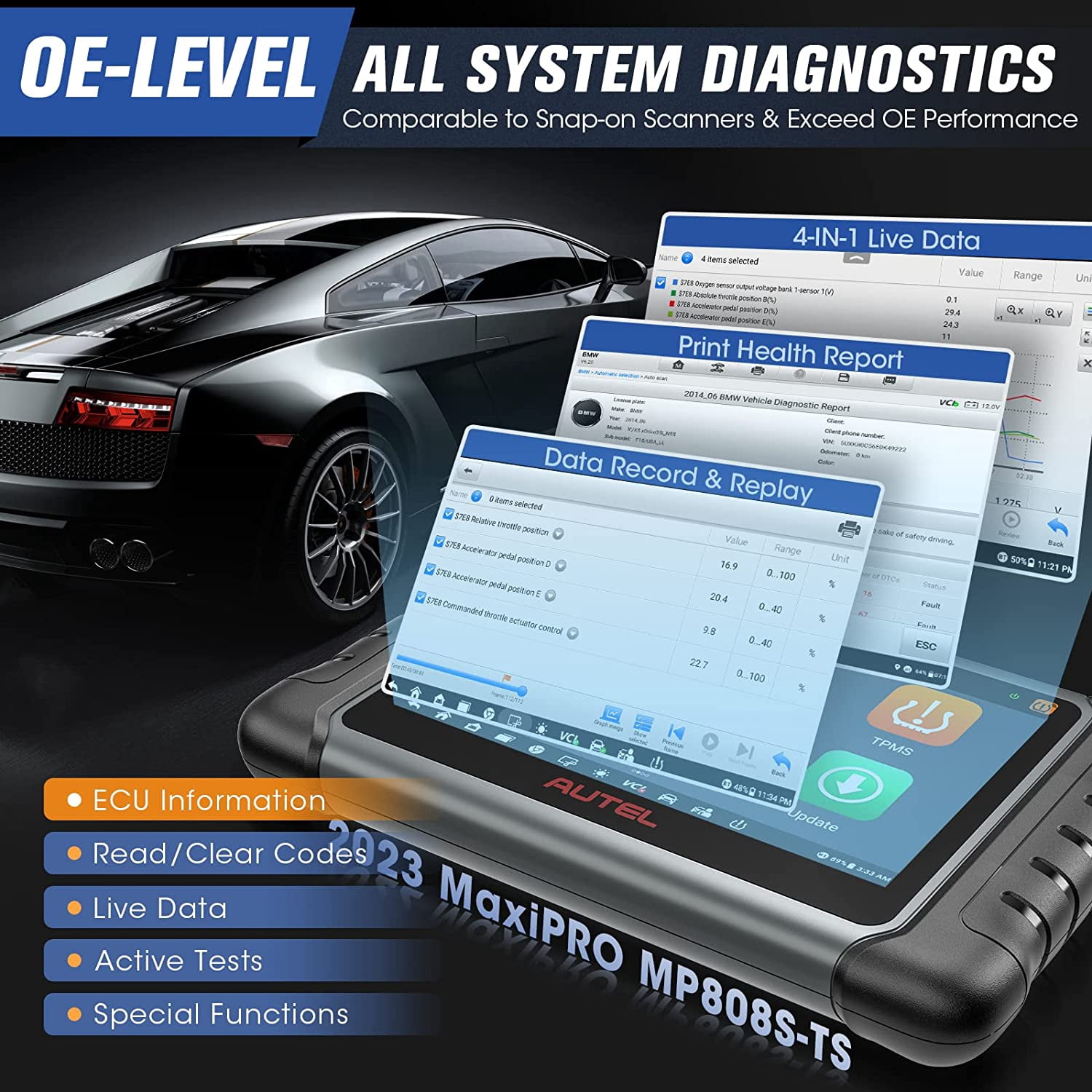 Autel Scanner MaxiPRO MP808S-TS Car Diagnostic Scanner Full TPMS Relearn Rest All-System Scan & FCA AutoAuth Bidirectional Control Scan Tool with 31+ Service