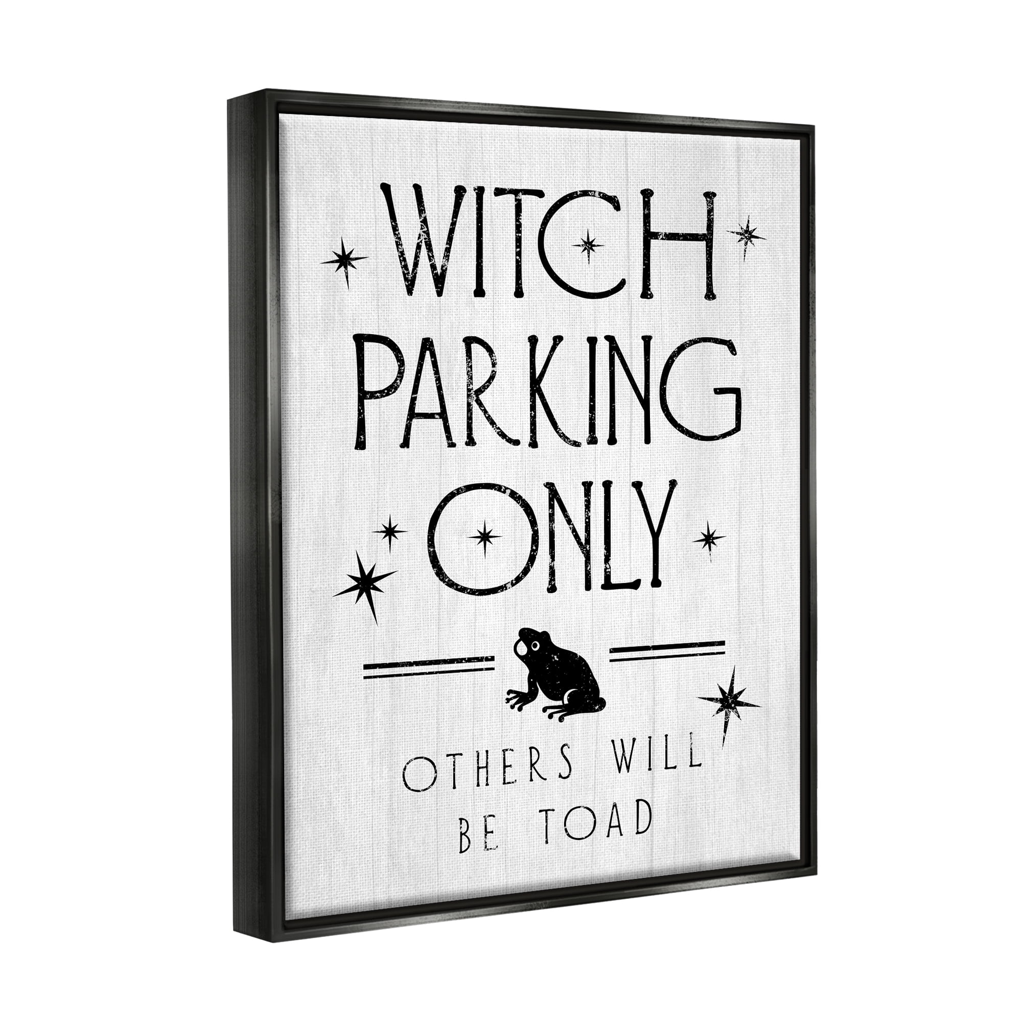 Stupell Industries Witch Parking Humorous Halloween Toad Grain Pattern Graphic Art Jet Black Floating Framed Canvas Print Wall Art, Design by Daphne Polselli