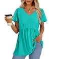 thumbnail image 3 of TQWQT Womens Summer Peplum Tops Plus Size Short Sleeve Tunic Top Babydoll Vneck T-Shirt Puff Sleeve Solid Color Flowy Blouses Maternity Clothes Cyan 2XL, 3 of 5