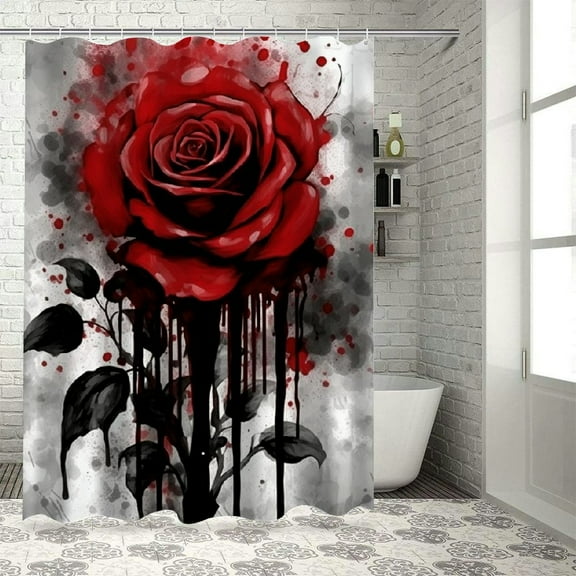 Pratyus Red Rose Black and White Flowers Gothic Art Shower Curtain Waterproof Bath Curtain with Hooks 36"x72