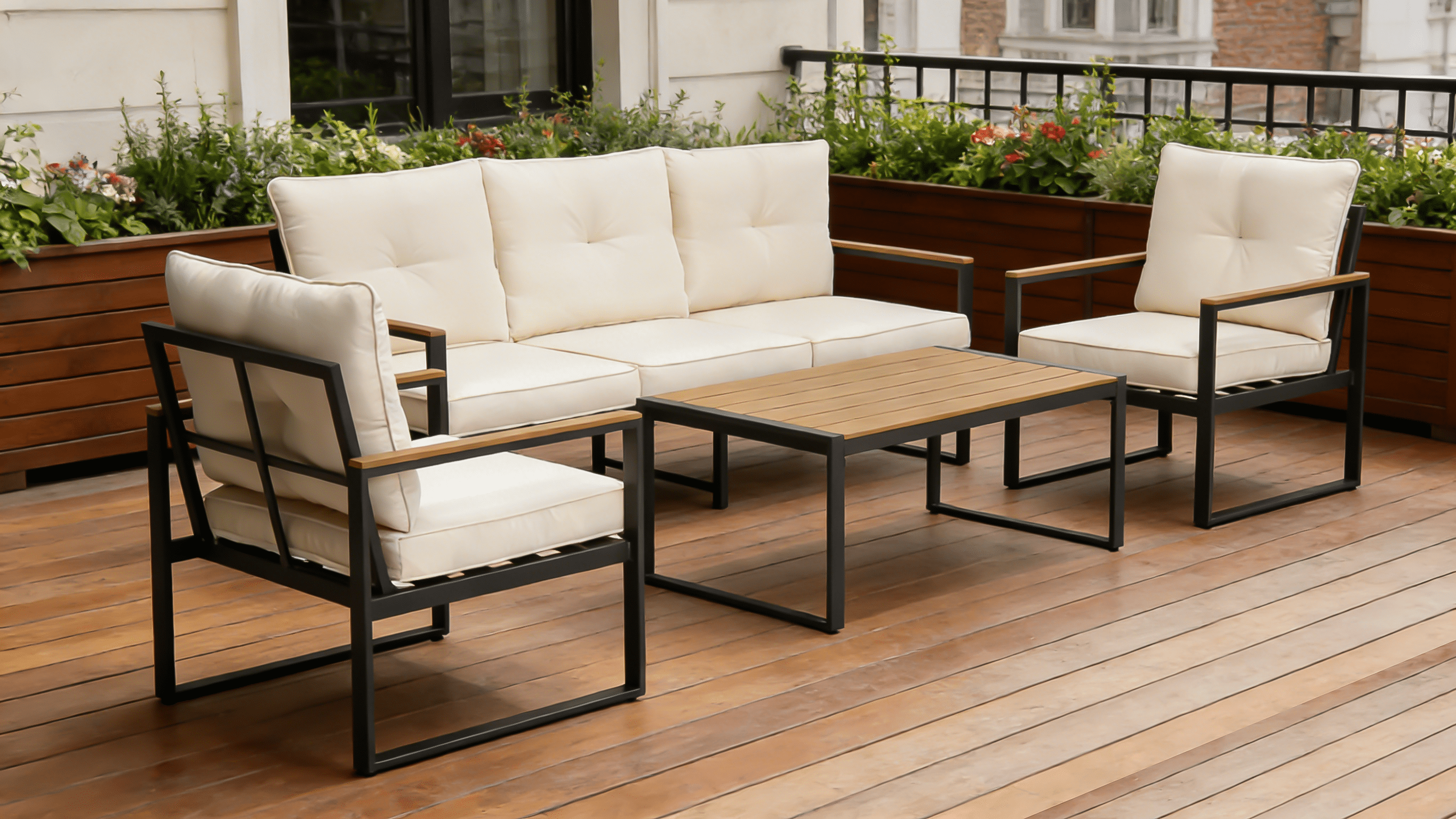 Rectangular Outdoor Patio Coffee Table, Rustproof Steel Frame with Weather Resistant WPC Wood-Like Tabletop, 165 LBS Capacity Side Table for Deck Porch Balcony Yard