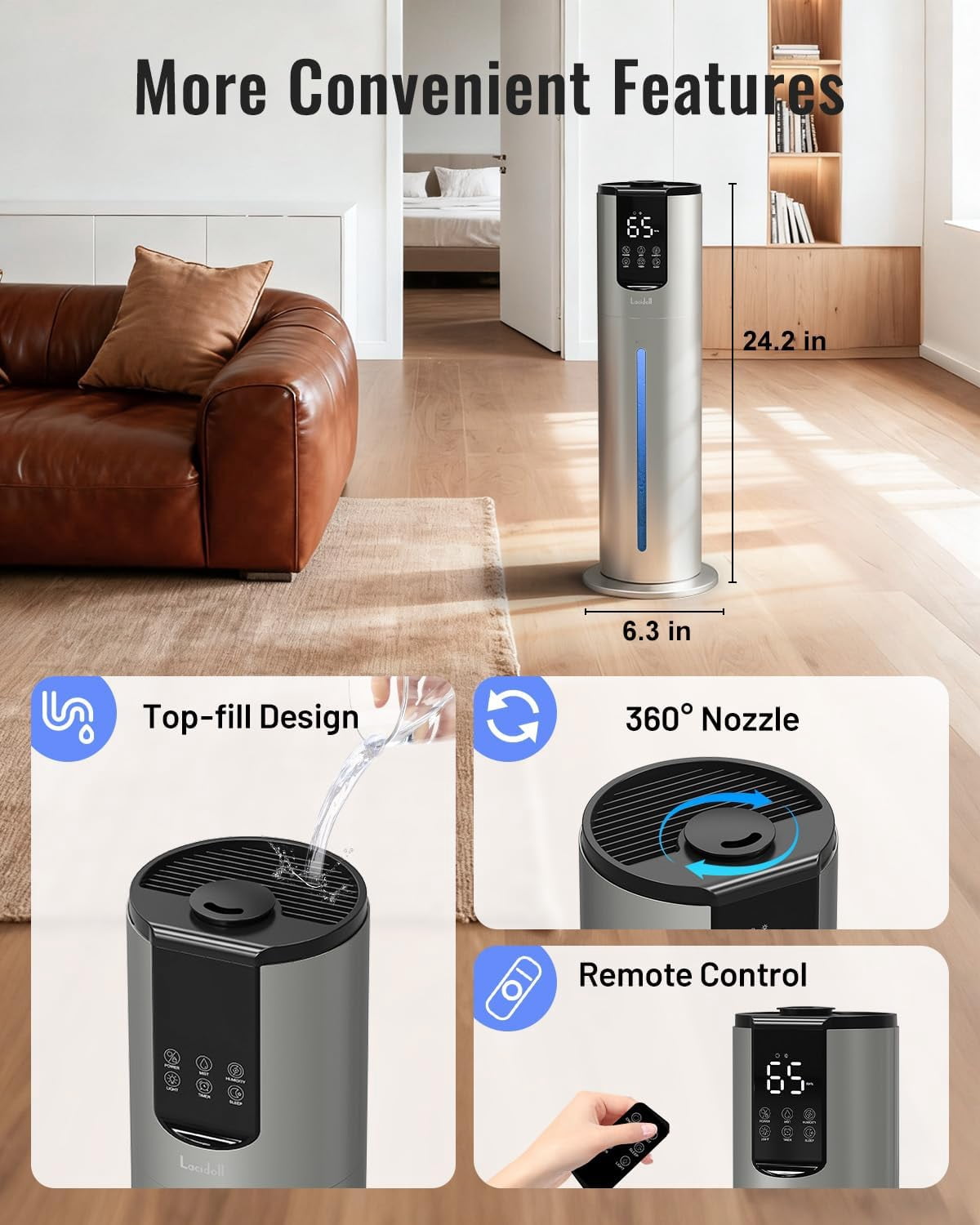 8L Ultrasonic Cool Mist Humidifier for Bedroom Large Room, Easy Clean Washable Parts, Grey