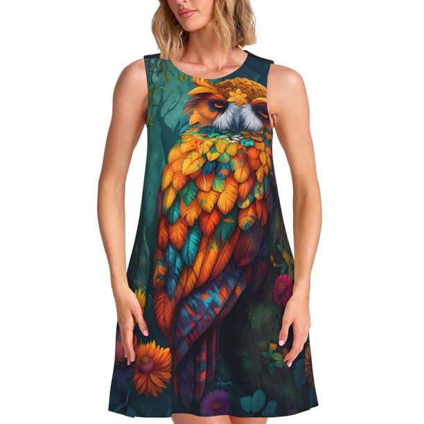 Balery Colorful Owl Forest Vestidos de verano para mujer con estampado: vestido holgado sin mangas, vestido playero informal y cómodo para días calurosos.