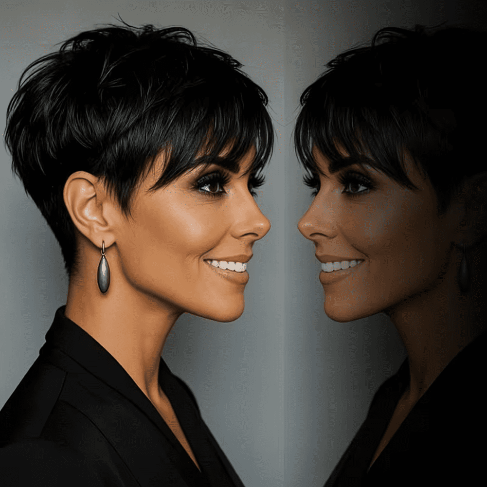 Short Layered Pixie Cut Human Hair Wigs With Bangs Chic Elegent Pixie Cut Wigs Lightweight Wavy Full Machine Made Wear and Go None Lace Front Wigs with Bangs