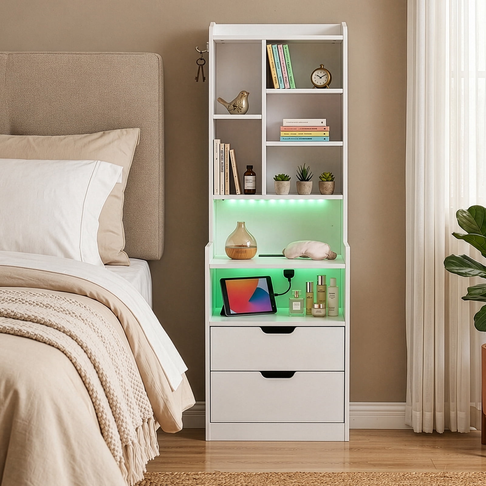 White Nightstand with Charging Station, 2 Drawers and 7 Shelves, 17.32 x 13.78 x 50 in