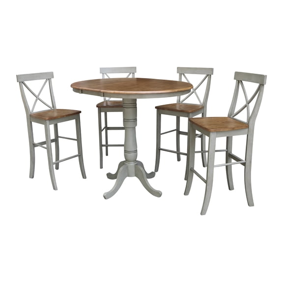 36" Round Solid Wood Extension Dining Table With 4 Cross Back Bar Height Stools in Distressed Hickory/Stone by International Concepts