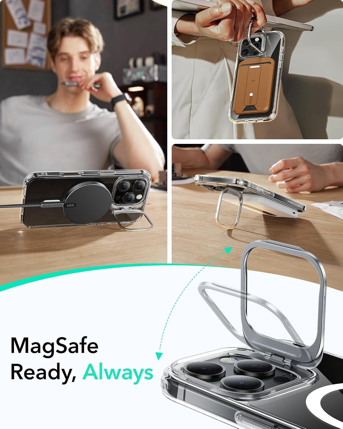 MHAWBL-for iPhone 16 Pro Max Case, Compatible with MagSafe, Military-Grade Protective Case, Built-in Stash Stand Phone Case, Scratch-Resistant Back Cover, Classic Series, Clear