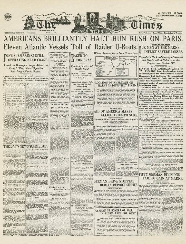 Wwi Newspaper, 1918. /Nthe Front Page Of 'The Los Angeles Times,' 5