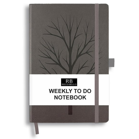 RICCO BELLO Undated Weekly Planner To Do Notebook | Faux Leather, Hardcover, for Work, School, Home with Pen Holder, Bookmark, Band Closure, Storage Pocket, 5.7 x 8.4 Inches (Tree)