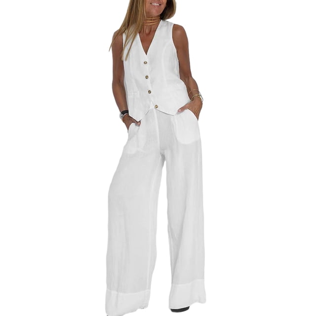 Gupgi Women 2 Piece Blazer Suit Solid Color Sleeveless V Neck Button Tank Tops Wide Leg Pants
