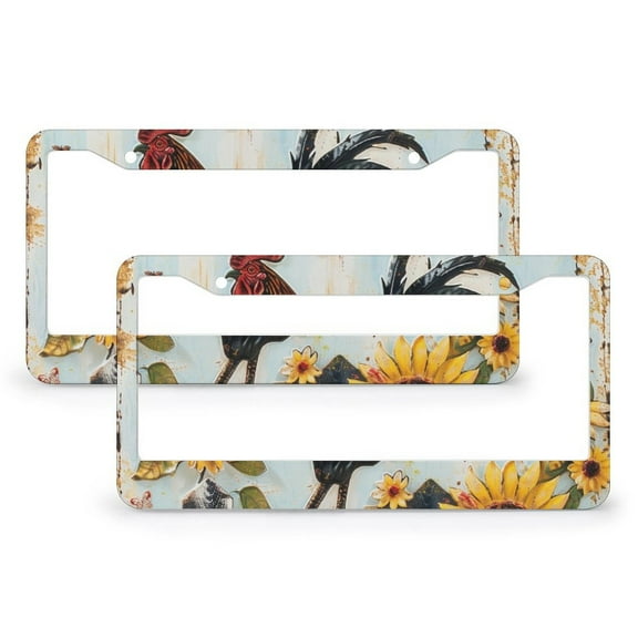License Plate Cover Rooster Wooden Fence Sunflower-3 Car License Plate Frame 2 Pcs Set Spring Summer Rooster Sunflower Quality Aluminum License Plate Frame Car Accessories US Canada Standard