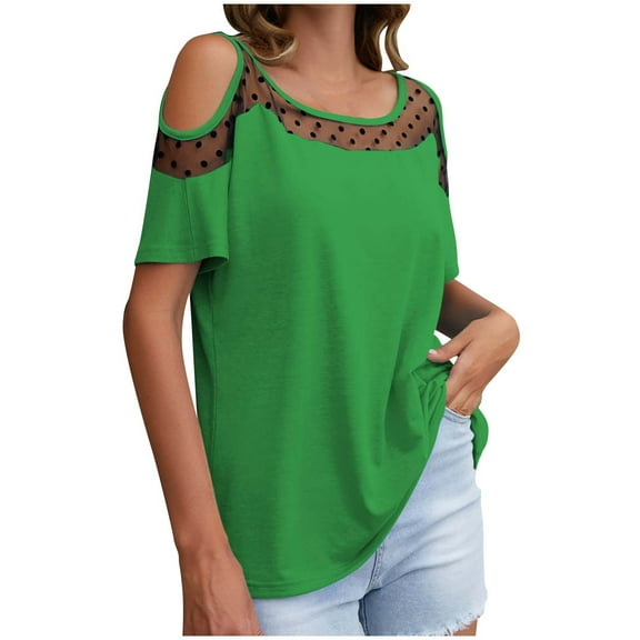jtjvou Off Shoulder Tops for Women Mesh Patchwork Short Sleeves Tee Shirts 2025 Fashion Loose Casual Basic Blouses Green XL