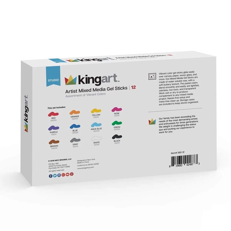 KINGART Mixed Media Gel Stick Crayons, 12 Primary Colors photo 2