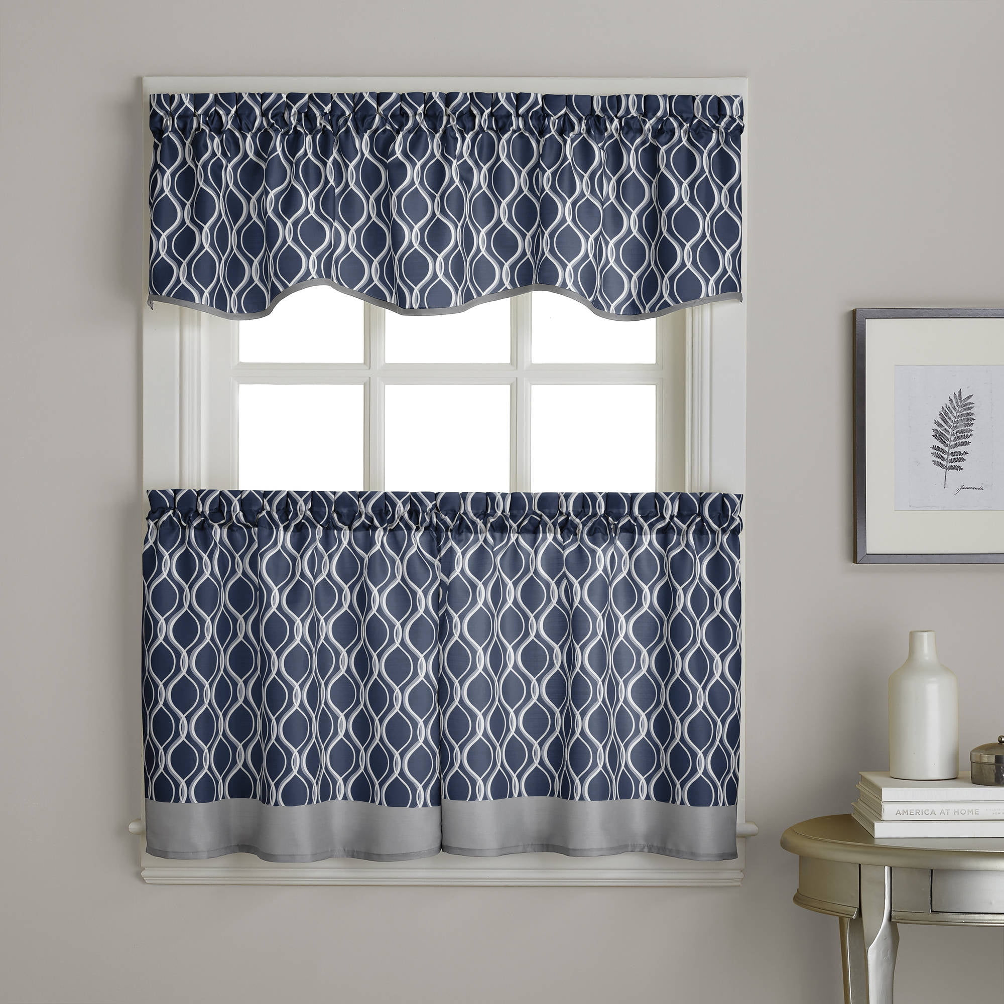CHF Morocco Indoor Polyester Light Filtering Rod Pocket Tiered Curtain, Pair, Navy, 58"x24", Set of 2, Adult
