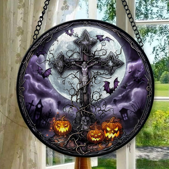 Cross Halloween Suncatchers for Windows, Ornament Window Hangings,Hand-Painted Glass Panel Perfect for Home Decorr, 2025, Holiday Decoration, Seasonal 2025, Holiday Decoration,