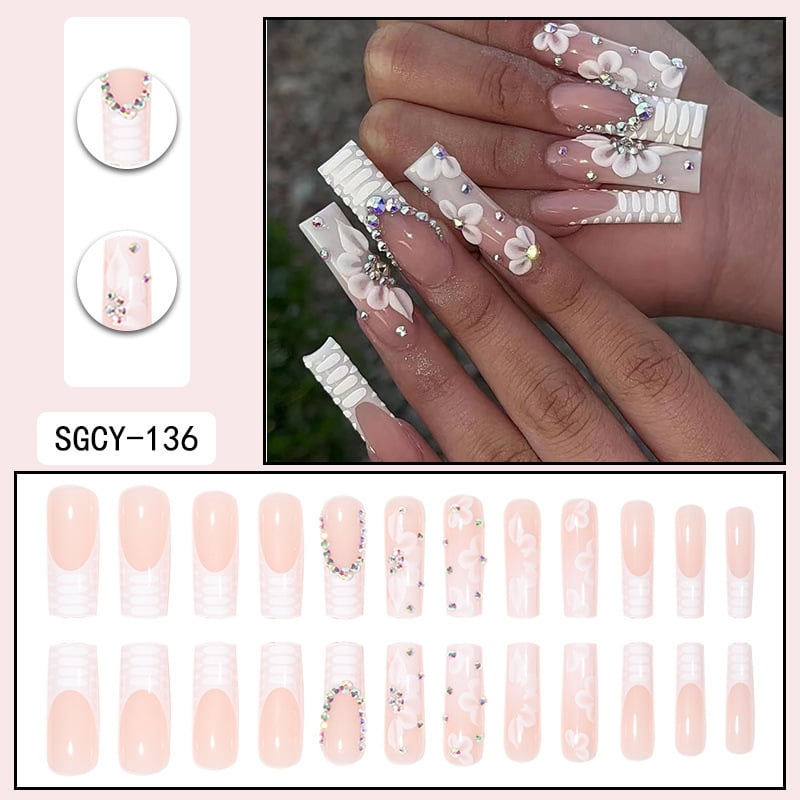 24 Long Coffins with French Patterns, Flowers, Butterfly Dots, Diamond Shiny Fake Nails, press on nails