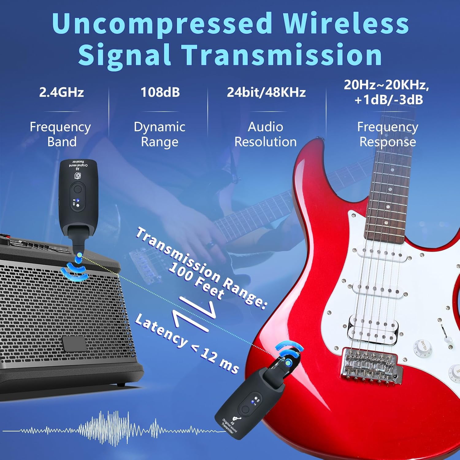 Wireless Guitar Transmitter Receiver, 2.4GHz Guitar Wireless System with 3 Channels, 100ft Range, 270°Rotatable, Rechargeable Audio Transmitter Receiver for Electric Guitar Bass Instruments, Black