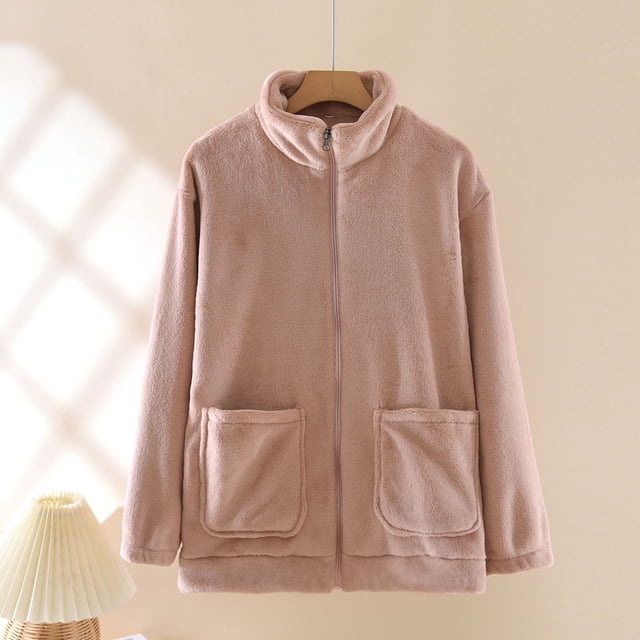 Pijama de manga larga para mujer, de invierno, de color liso, de franela gruesa con forro polar añadido, de manga larga, cálido, para el hogar, de poliéster.