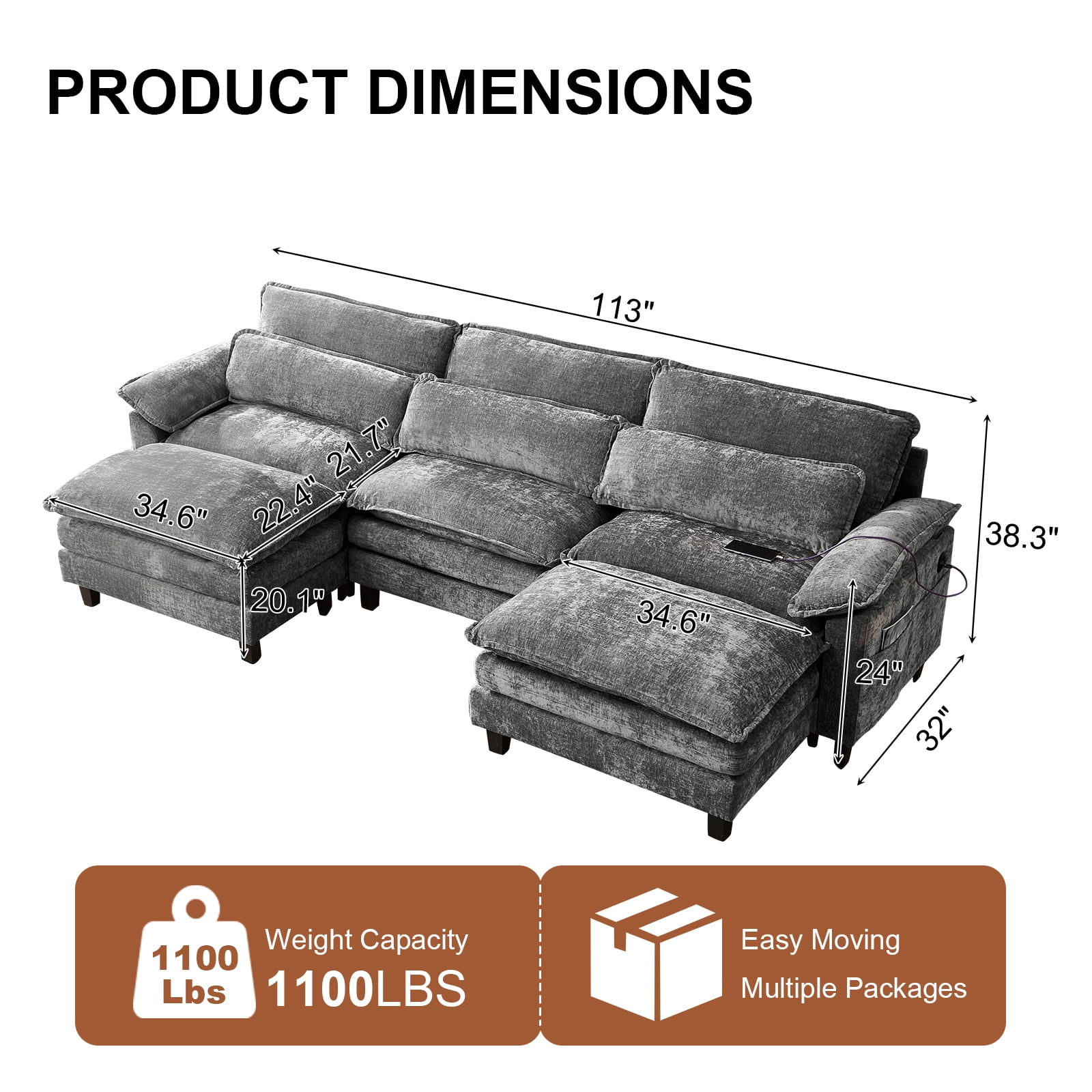 113'' Modular Sectional Sofa,U Shaped Couch with Movable Ottoman, Convertible Sectional Couches with Deep Seat, 3 Seat for Living Room Comfy Cloud Sofa with USB Side Pockets & Charging(Grey)