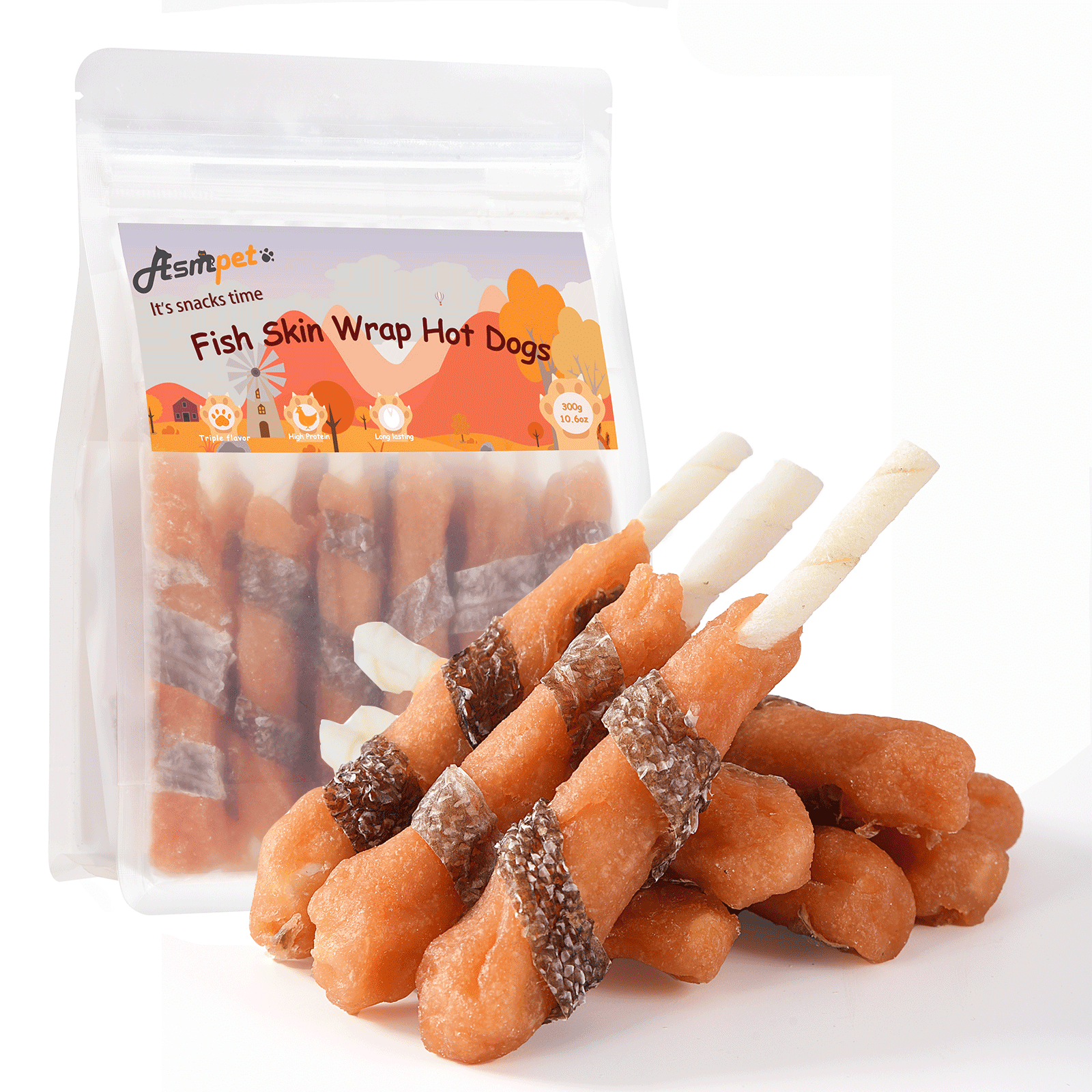 (2 pack) ASMPET Chicken Wrapped Dog Treats, Rawhide & Cod Skin Dental Chew, 10.6 oz