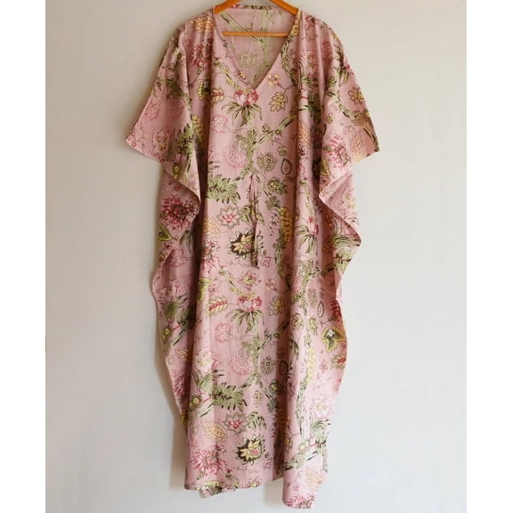 Floral Print Cotton Fabric Indian Kaftan Dress Long Top Caftan, Dress Beach Wear Cover up, Printed Sleepwear Maxi Dress Boho Kimono Robe