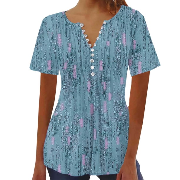 Tops de Algodón para las Mujeres Impreso en V-Cuello Botón Arriba Manga Corta Superior, Imitación Algodón Casual Blusa