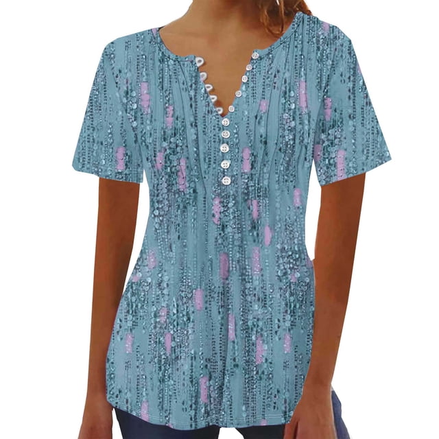 Womens Printed V-neck Button Up Short Seeved Top