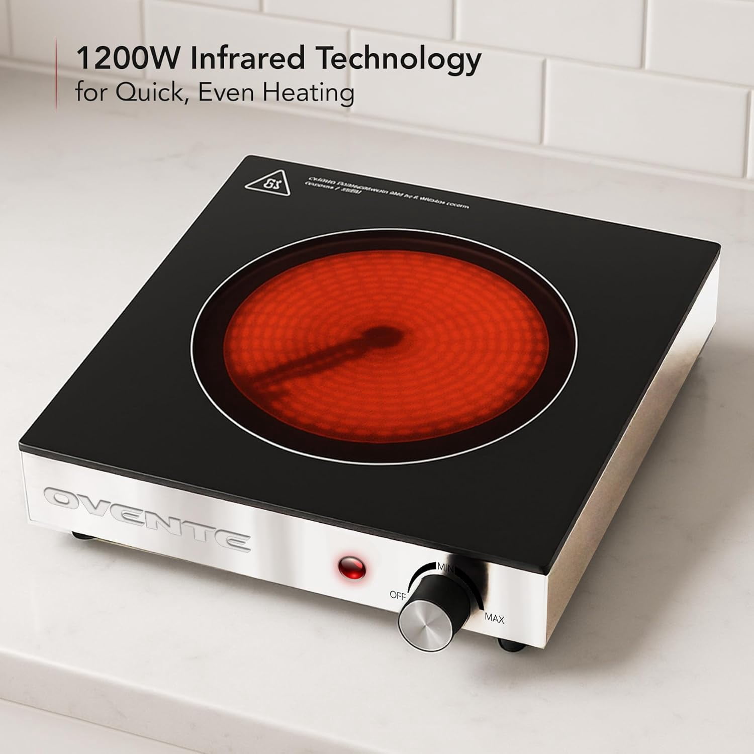 OVENTE Infrared Ceramic Single Burner, 1200W Electric Countertop Hot Plate with Black Crystalline Glass, Portable Stainless Steel Cooktop for Home, Office, or Dorm Use, Black BGI301GB