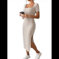 thumbnail image 1 of Vestido de Verano 2025 para Mujer, Ajustado, de Corta, Acanalado, con Abertura Lateral, de Punto y Cuello Cuadrado Caqui L, 1 of 8