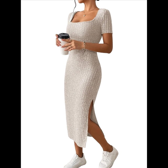 Vestido de Verano 2025 para Mujer, Ajustado, de Corta, Acanalado, con Abertura Lateral, de Punto y Cuello Cuadrado Caqui L