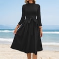 thumbnail image 2 of WTOBBY Women's Solid Color Belted Round Neck 3/4 Sleeve Dress, Minimalist Midi Sundress with Casual Elegance for Everyday Wear,Black XL, 2 of 5