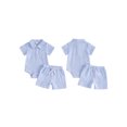 thumbnail image 2 of BemeyourBBs Newborn Baby Boy Summer Clothes Cute Infant Baby Boys 2 Pieces Outfit Short Sleeve Lapel Neck Striped Print Romper and Elastic Waist Pockets Shorts Set, 2 of 9