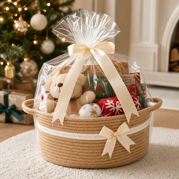 Dalxymotic Christmas Gift Basket, Cotton Rope Woven Storage Basket with Bow, Holiday Gift Giving Container, Christmas Decorations Indoor Outdoor for Home, Tabletop, Mantel, Shelf