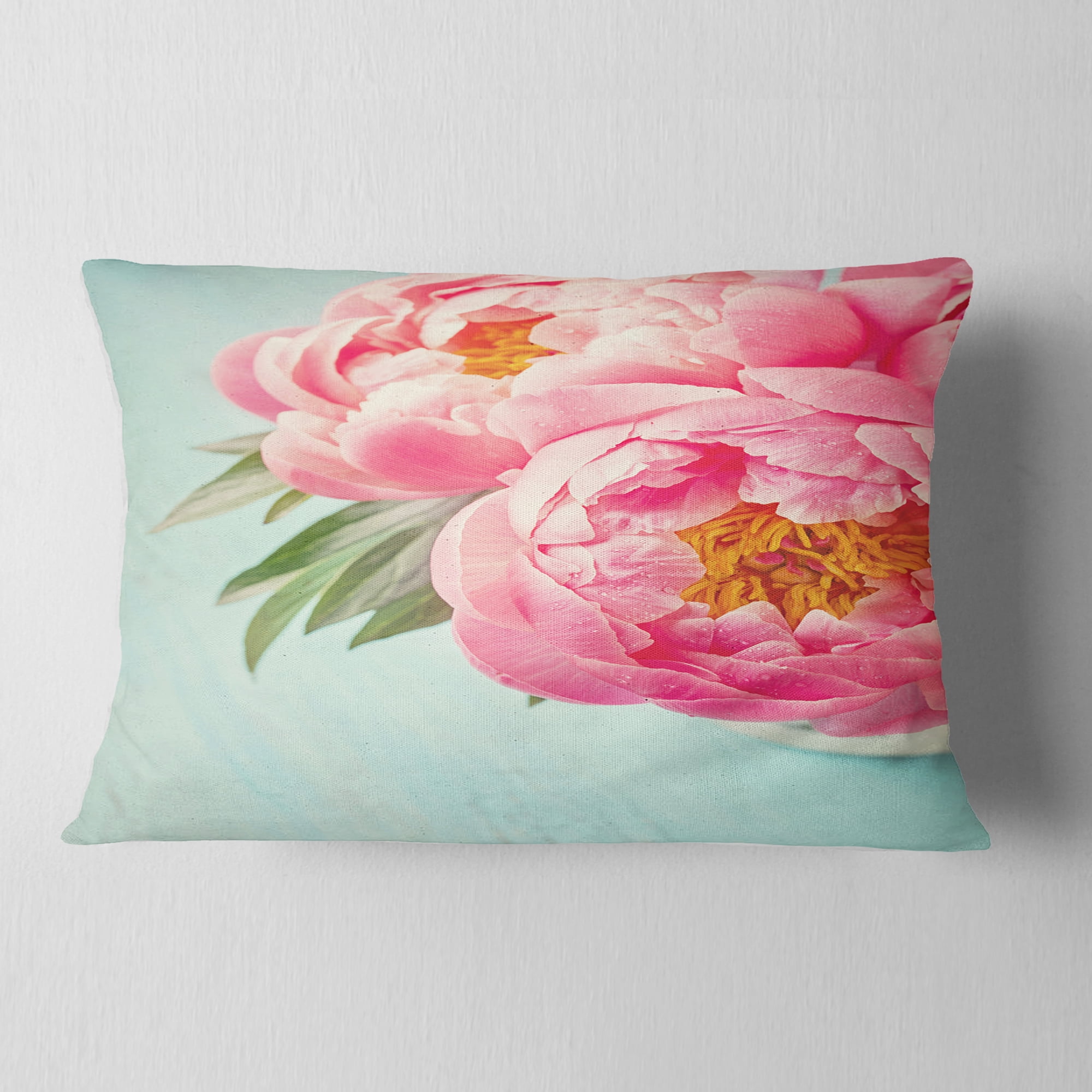 Designart Peony Flowers on Blue Background - Floral Throw Pillow - 12x20