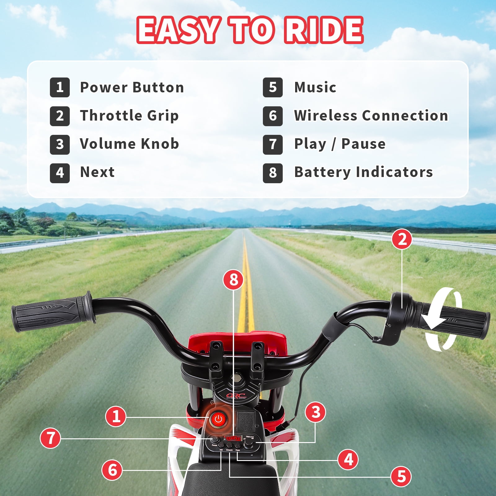 Funcid 12V Electric Dirt Bike with Twist Grip Throttle, Ride on Motorcycle with 2 Training Wheels, Suitable for Ages 3-8, Bluetooth, MP3, Dual Motors, Spring Suspension