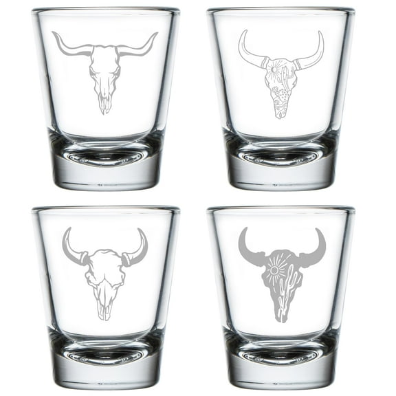 Set of 4 Shot Glasses 1.75oz Shot Glass Gift Western Cow Skull Collection
