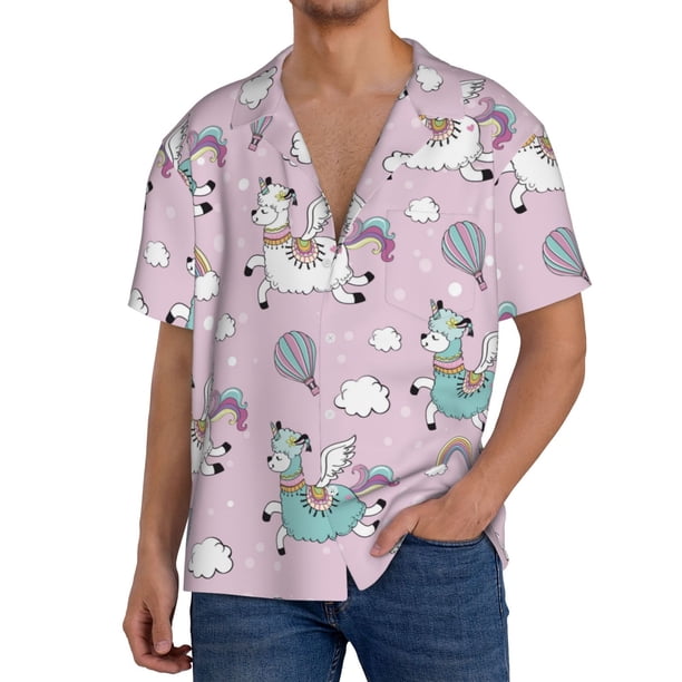 Balery Llama Unicorn and Rainbow Camisa Casual de Manga Corta con Botones para Hombre, Texturizada, Estilo Cubano, para Playa, Verano-X-Large