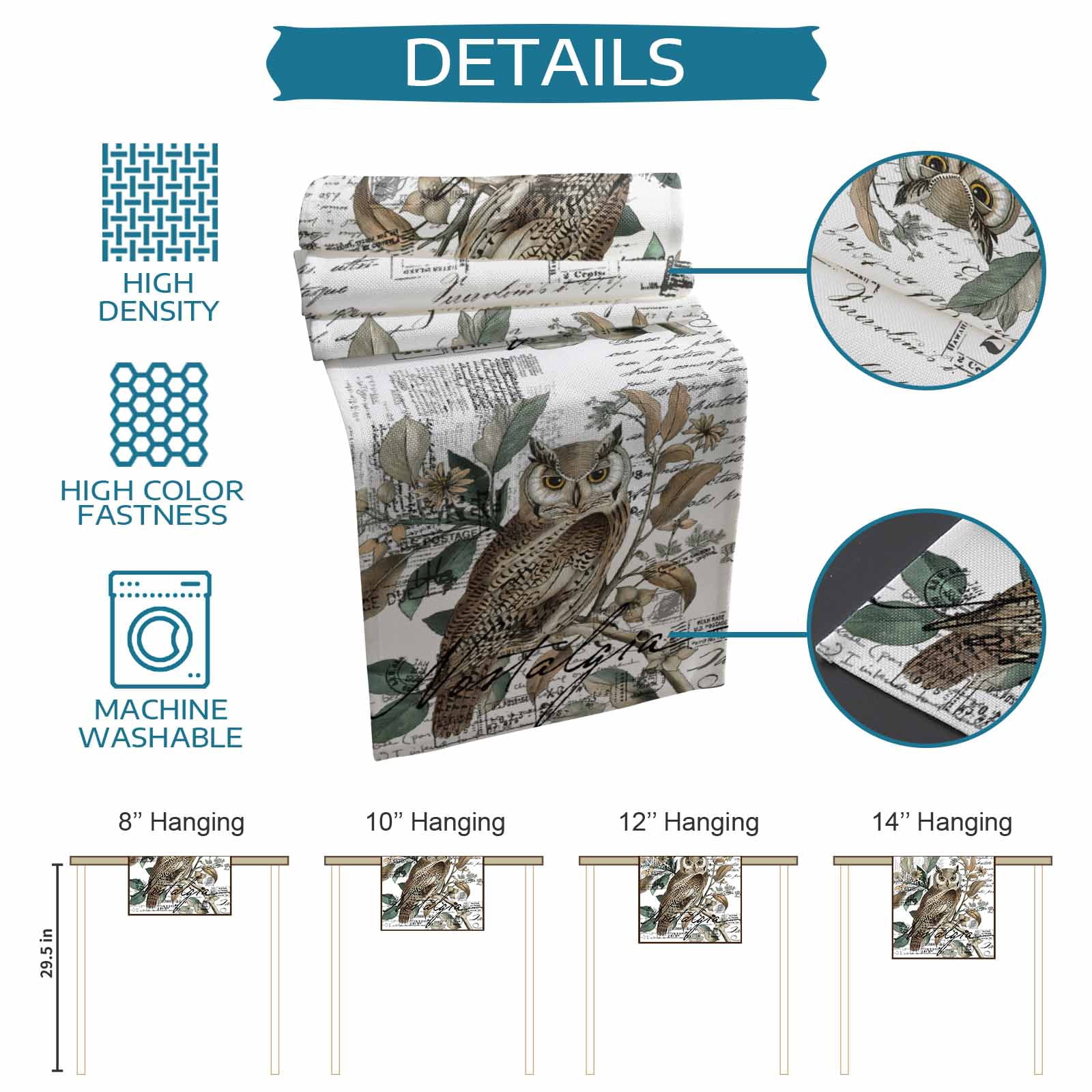 Ldtrchee Farmhouse Owl Table Runner 36 Inches, Country Envelope Postmark Botancial Bed Runner Dresser Scarves Tabletop for Indoor Outdoor Parties/Ceremony/Banquet, 13"x 36"