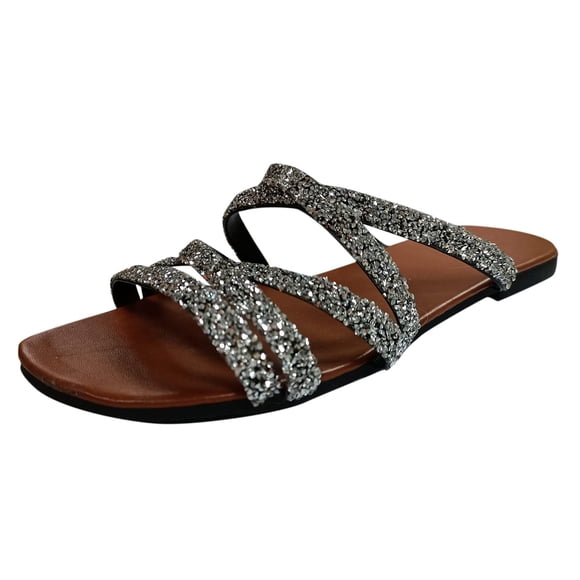 Penkiiy Women's Sandals Flip Flops Beach Slippers Summer Rhinestones Flat Shoes 39 Silver