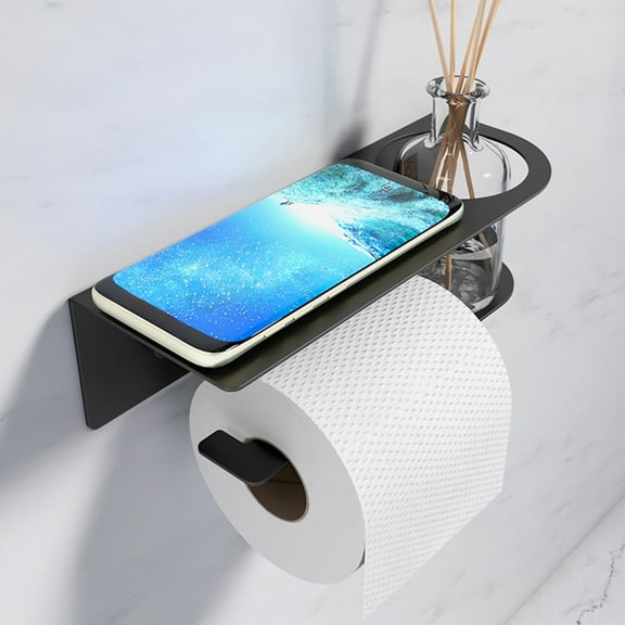 LACKUST Matte Black Stainless Steel Toilet Paper Holder with Shelf - Wall Mounted Bathroom Storage for Aromatherapy, Wipes & Phone