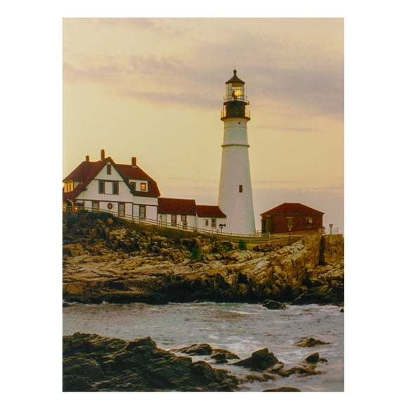 LED Cottage and Lighthouse on the Shoreline at Sunset Lighted Canvas Wall Art 11.75" x 15.75"