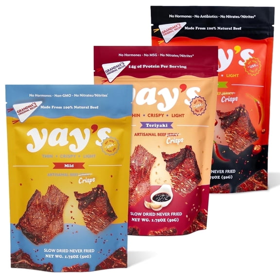 Yay's Snacks Sweet and Spicy Beef Crisps | High-Protein Ready-to-Eat Crispy Crunchy Chipped beef | Mild, Spicy, Teriyaki beef jerky snack packs, Non-GMO Healthy Meat Snack, Made in USA (1.75 oz) each