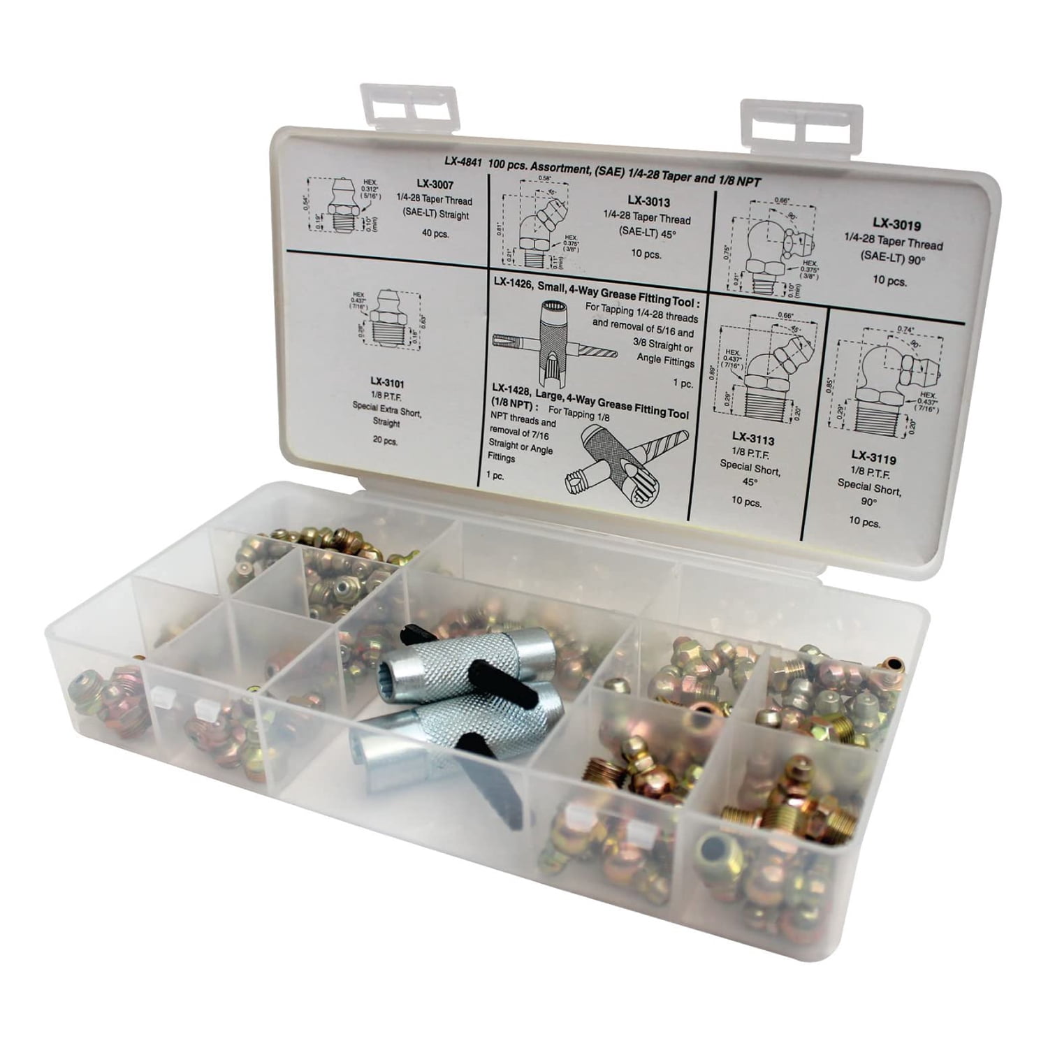 Lumax LX-4841100 Piece Grease Fitting Assortment 1/4"-28 Taper and 1/8" NPT