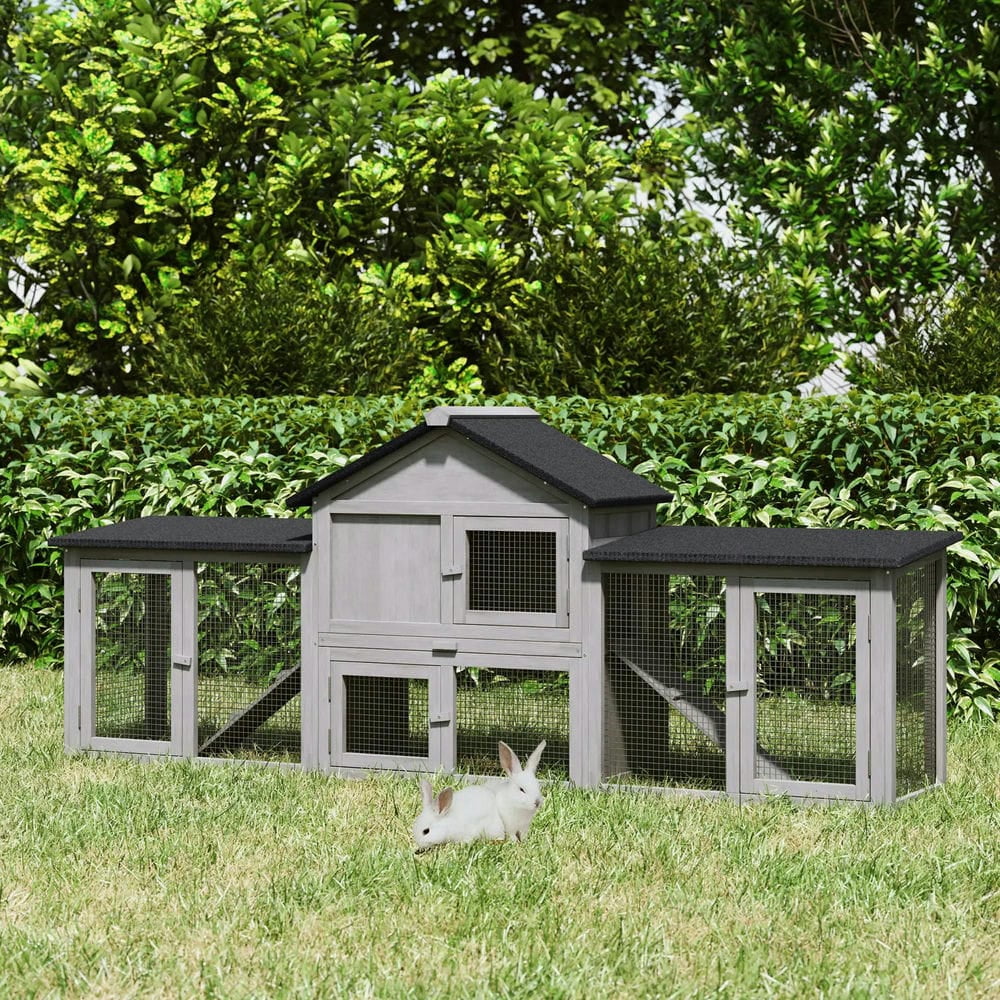 Topcobe Outdoor Rabbit House 83" 2 Story Deluxe XL Wooden Rabbit Hutch Big Bunny Cage w/ Ladder and Run, Outside Pet Shelter, Small Animal Habitat, Gray
